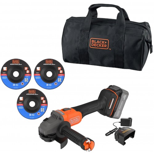 Black & Decker BCG6L8F1S Aku bezuhlíková úhlová bruska (18V/1x4,0Ah), 3x kotouč a taška