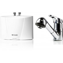 CLAGE M7 EKA Malý průtokový ohřívač vody 6,5 kW 400V + páková stojánková baterie 1500-17226