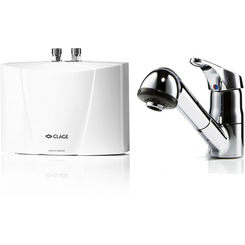 CLAGE M7 EKA Malý průtokový ohřívač vody 6,5 kW 400V + páková stojánková baterie 1500-17226