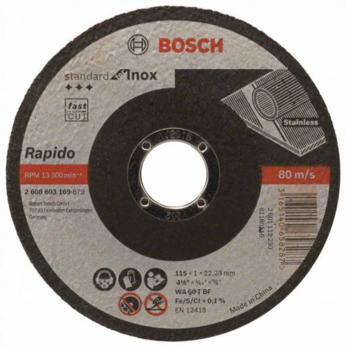 BOSCH Dělicí kotouč rovný Standard for Inox - Rapido, 115x1 mm 2608603169