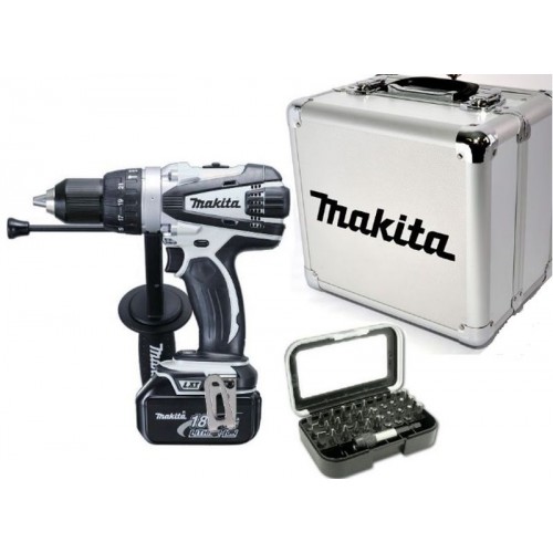 MAKITA Aku vrtačka s příklepem 2x aku 18V/4.0Ah + sada bitů D-30667 + hliníkový kufr DHP458RMWX