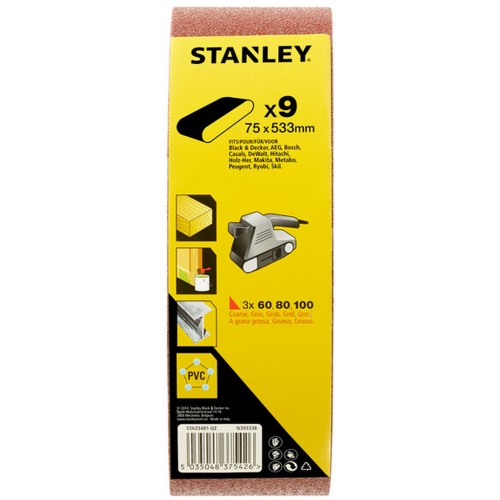 STANLEY STA33481 Kartonové balení, brusný pás 75x533mm, 3x P60, 3x P80, 3x P100, 9ks