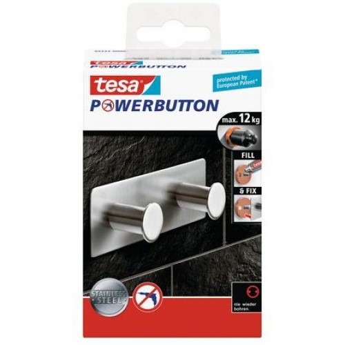 TESA Powerbutton háček CLASSIC dvojháček, matná nerez ocel, obdélníkový, nosnost 12kg 59333-00000-00