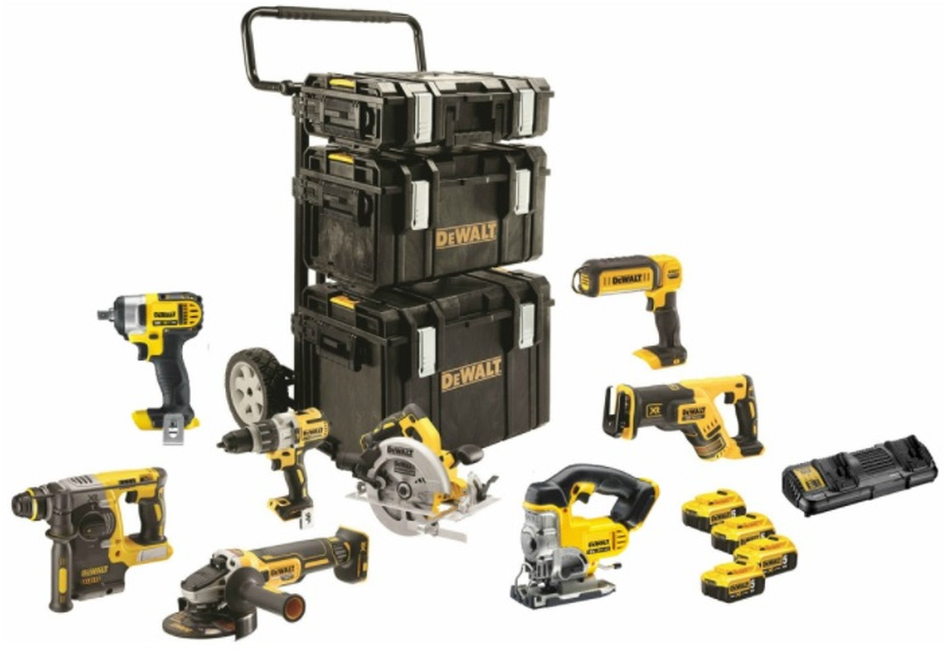 DeWALT DCK854P4 kombo sada (DCL050,DCS331,DCS367,DCS570,DCH273,DCF880,DCG405,DCD996,4 xDCB184,DCB115)