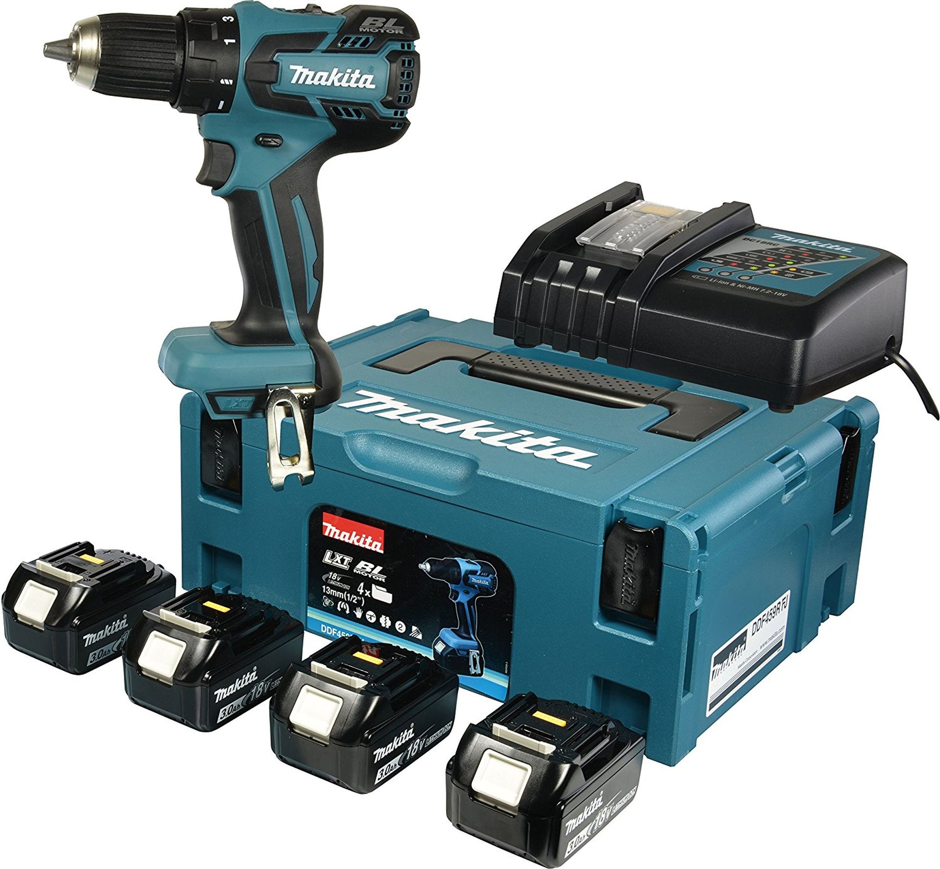 MAKITA DDF459RF4J Aku Bezuhlíkový šroubovák (4x3,0Ah/ 18V +DC18RC) MAKPAC